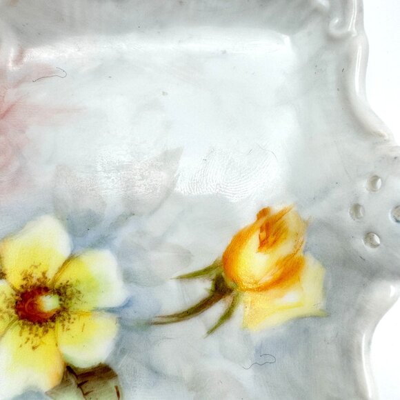 Hand Painted Vintage Yellow FlowerTrinket Tray Signed By Zenas 1940s - Picture 6 of 9